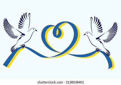 Pray for peace Ukraine. Two Doves flying with a ukrainian ribbon in the shape of heart. Dove Of Peace. No War. Vector illustration