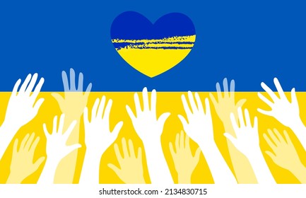 Pray for peace in Ukraine. Vector flat illustration. White hands on the background of the flag of the country. No war! 