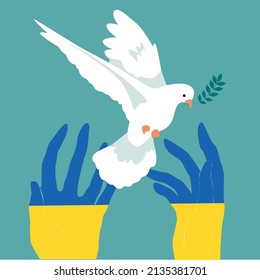 Pray for peace Ukraine. Yellow-blue flag of Ukraine. Support Ukraine. No war sign. Flying bird as a symbol of peace. Vector illustration.