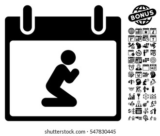 Pray Person Calendar Day icon with bonus calendar and time management clip art. Vector illustration style is flat iconic symbols, black, white background.