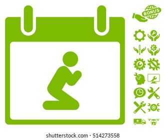 Pray Person Calendar Day pictograph with bonus settings icon set. Vector illustration style is flat iconic symbols, eco green, white background.