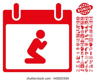 Pray Person Calendar Day pictograph with bonus calendar and time management icon set. Vector illustration style is flat iconic symbols, red, white background.