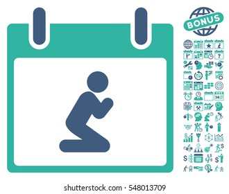 Pray Person Calendar Day pictograph with bonus calendar and time management symbols. Vector illustration style is flat iconic symbols, cobalt and cyan, white background.