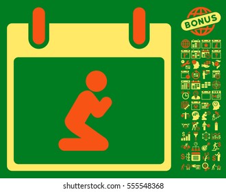 Pray Person Calendar Day pictograph with bonus calendar and time management graphic icons. Vector illustration style is flat iconic symbols, orange and yellow, green background.