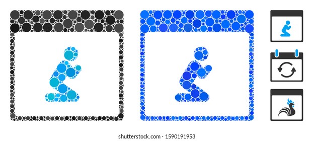 Pray person calendar page composition of circle elements in variable sizes and color tones, based on pray person calendar page icon. Vector random circles are combined into blue composition.
