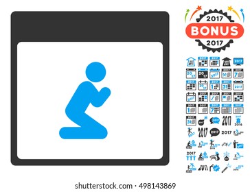 Pray Person Calendar Page icon with bonus calendar and time management pictogram set. Vector illustration style is flat iconic symbols, blue and gray colors, white background.