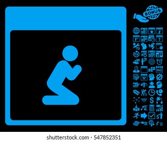 Pray Person Calendar Page icon with bonus calendar and time management images. Vector illustration style is flat iconic symbols, blue, black background.