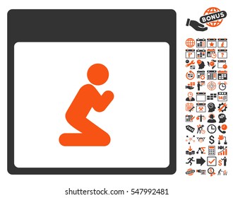 Pray Person Calendar Page icon with bonus calendar and time management pictograph collection. Vector illustration style is flat iconic symbols, orange and gray, white background.