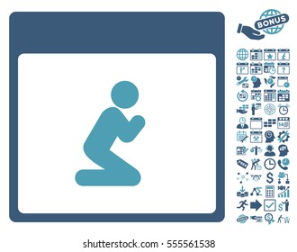 Pray Person Calendar Page icon with bonus calendar and time management pictograph collection. Vector illustration style is flat iconic symbols, cyan and blue, white background.