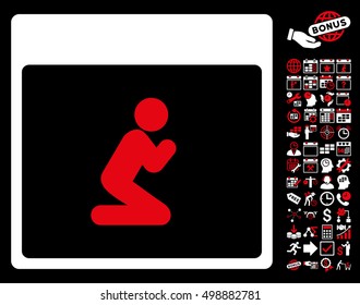 Pray Person Calendar Page pictograph with bonus calendar and time management images. Vector illustration style is flat iconic symbols, red and white, black background.