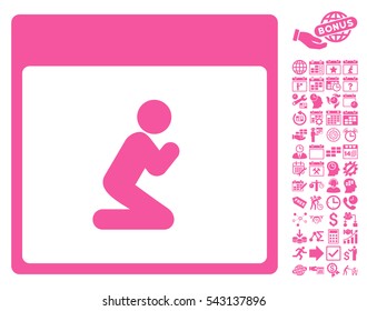 Pray Person Calendar Page pictograph with bonus calendar and time management pictograms. Vector illustration style is flat iconic symbols, pink, white background.