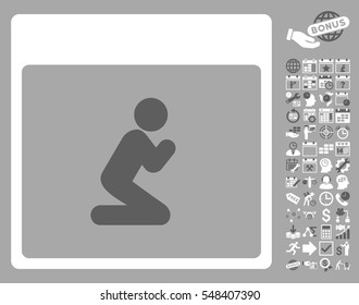 Pray Person Calendar Page pictograph with bonus calendar and time management symbols. Vector illustration style is flat iconic symbols, dark gray and white, silver background.