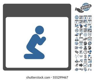 Pray Person Calendar Page pictograph with bonus calendar and time management symbols. Vector illustration style is flat iconic symbols, cobalt and gray, white background.