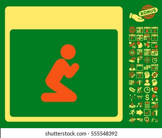 Pray Person Calendar Page pictograph with bonus calendar and time management pictures. Vector illustration style is flat iconic symbols, orange and yellow, green background.