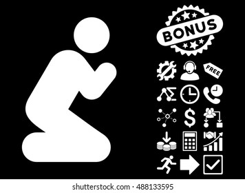 Pray Pose icon with bonus clip art. Vector illustration style is flat iconic symbols, white color, black background.