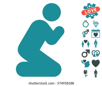 Pray Pose icon with bonus dating icon set. Vector illustration style is flat iconic soft blue symbols on white background.
