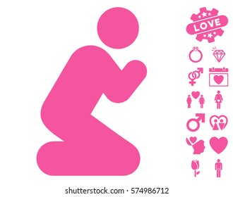 Pray Pose icon with bonus dating icon set. Vector illustration style is flat iconic pink symbols on white background.