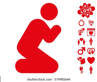 Pray Pose icon with bonus lovely graphic icons. Vector illustration style is flat iconic red symbols on white background.