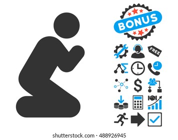 Pray Pose icon with bonus pictogram. Vector illustration style is flat iconic bicolor symbols, blue and gray colors, white background.