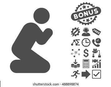 Pray Pose pictograph with bonus pictogram. Vector illustration style is flat iconic symbols, gray color, white background.