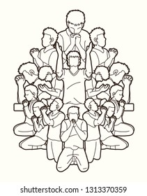 Pray or Prayer concept. Double exposure cartoon graphic vector praising the Lord. Group of people praying to God. Double exposure cartoon graphic vector