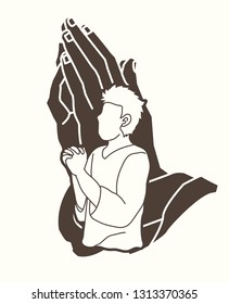 Pray or Prayer concept. Double exposure cartoon graphic vector praising the Lord.