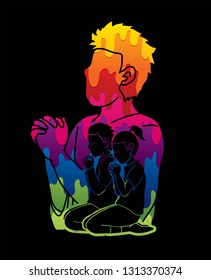 Pray or Prayer concept. Double exposure cartoon graphic vector praising the Lord.