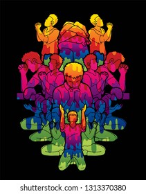 Pray or Prayer concept. Double exposure cartoon graphic vector praising the Lord. Group of people praying to God. Double exposure cartoon graphic vector