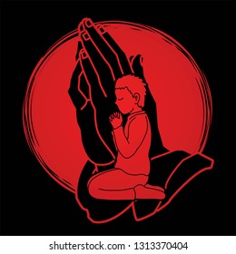 Pray or Prayer concept. Double exposure cartoon graphic vector praising the Lord.