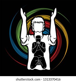 Pray or Prayer concept. Double exposure cartoon graphic vector praising the Lord.