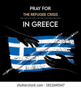 pray for the Refugee Crisis in Greece, Burnt refugee camp. Hand drawn line drawing of refugees with flag of Greece as a background. Vector EPS10