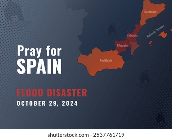 Pray for Spain, illustration with map and flood symbol. Vector design for blog, articles, social media