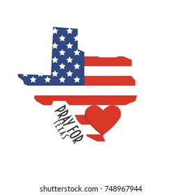 Pray For Texas Vector Illustration. Great As Donate, Relief Or Help Victims Icon. Heart, State Map And Text: Pray For Texas. Support For Charity Work After Sutherland Springs Church Mass Shooting.