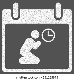 Pray Time Calendar Day grainy textured icon for overlay watermark stamps. Flat symbol with dirty texture. Dotted vector white ink rubber seal stamp with grunge design on a gray background.
