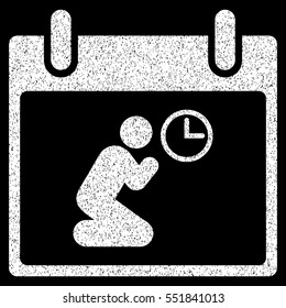 Pray Time Calendar Day grainy textured icon for overlay watermark stamps. Flat symbol with dirty texture. Dotted vector white ink rubber seal stamp with grunge design on a black background.