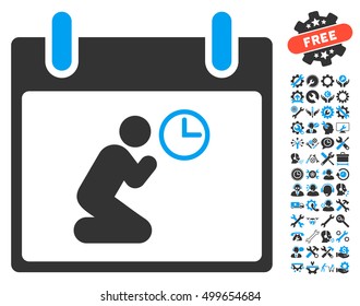 Pray Time Calendar Day icon with bonus settings design elements. Vector illustration style is flat iconic symbols, blue and gray, white background.