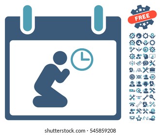 Pray Time Calendar Day icon with bonus tools design elements. Vector illustration style is flat iconic symbols, cyan and blue, white background.