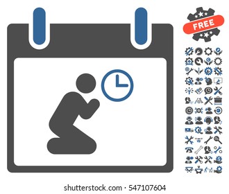 Pray Time Calendar Day icon with bonus setup tools pictures. Vector illustration style is flat iconic symbols, cobalt and gray, white background.