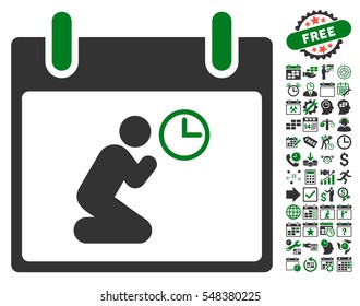 Pray Time Calendar Day icon with bonus calendar and time management pictograms. Vector illustration style is flat iconic symbols, green and gray, white background.