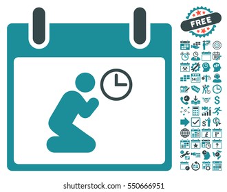 Pray Time Calendar Day icon with bonus calendar and time management images. Vector illustration style is flat iconic symbols, soft blue, white background.