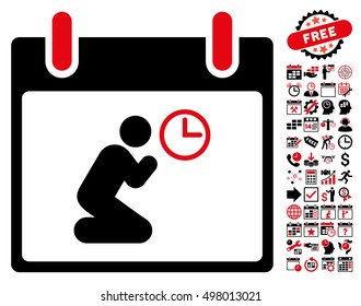 Pray Time Calendar Day pictograph with bonus calendar and time management symbols. Vector illustration style is flat iconic symbols, intensive red and black, white background.