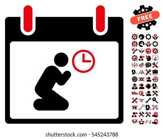 Pray Time Calendar Day pictograph with bonus configuration symbols. Vector illustration style is flat iconic symbols, intensive red and black, white background.