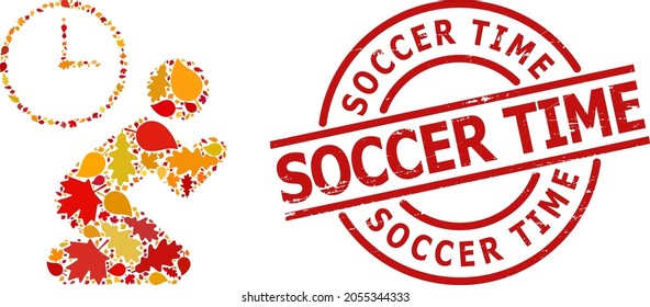 Beten Sie das Symbol "Zeit sammeln" für die Herbstsaison und die SOCCER-ZEIT korrodierte Briefmarkenimitierung. Vektorbeten Zeit Mosaik ist mit zufälligen Herbstmapel und Eichenblätter getan.