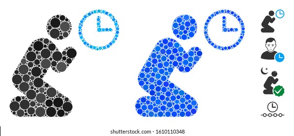 Pray time composition of round dots in various sizes and color hues, based on pray time icon. Vector dots are united into blue composition. Dotted pray time icon in usual and blue versions.