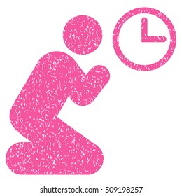 Pray Time grainy textured icon for overlay watermark stamps. Flat symbol with dirty texture. Dotted vector pink ink rubber seal stamp with grunge design on a white background.