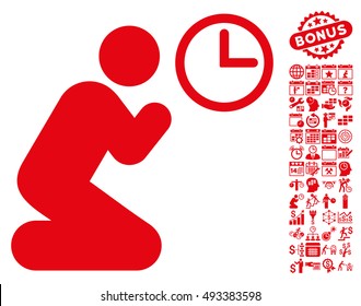 Pray Time icon with bonus calendar and time management images. Vector illustration style is flat iconic symbols, red color, white background.
