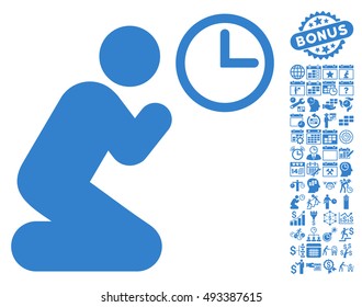 Pray Time icon with bonus calendar and time management design elements. Vector illustration style is flat iconic symbols, cobalt color, white background.
