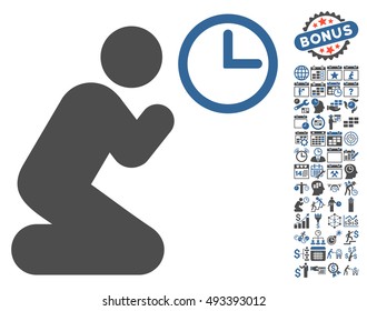 Pray Time icon with bonus calendar and time management pictures. Vector illustration style is flat iconic bicolor symbols, cobalt and gray colors, white background.