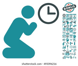 Pray Time icon with bonus calendar and time management graphic icons. Vector illustration style is flat iconic bicolor symbols, soft blue colors, white background.
