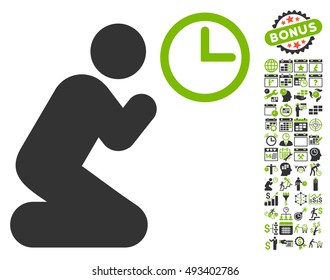 Pray Time icon with bonus calendar and time management icon set. Vector illustration style is flat iconic bicolor symbols, eco green and gray colors, white background.